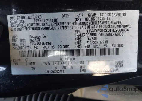 2017 Ford Focus Se z USA, uszkodzony, nr VIN 1FADP3K28HL283664